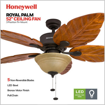 Honeywell Sabal Palm Bronze Ceiling Fan with Light, Carved Wood Blades, Bronze