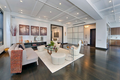 Living room - mid-sized contemporary open concept dark wood floor living room idea in New York with a ribbon fireplace and white walls