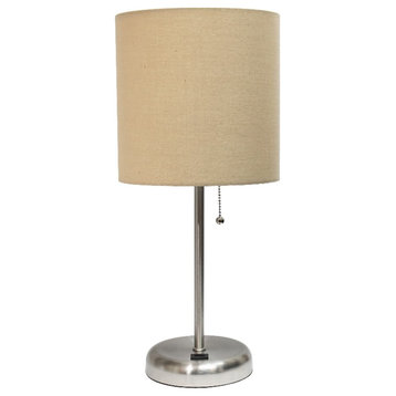 Creekwood Home Oslo 19.5" USB Port Metal Table Lamp in Brushed Steel Tan Shade