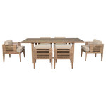 Armen Living - Vivid Outdoor Patio Dining Set, Olefin Cushions, Taupe, 7-Piece Set - Transform your outdoor dining space with the Vivid Outdoor Patio Dining Set, a harmonious combination of the Vivid Outdoor Patio Dining Table and Dining Chairs. Crafted with precision and care, the dining table is a masterpiece of design and durability. Made from resilient Eucalyptus wood, it seamlessly blends form and function, offering a timeless aesthetic that withstands the tests of time and weather. Water-resistant and UV-resistant, this table stands strong in various outdoor conditions, providing a steadfast centerpiece for your gatherings. Its warm hue complements various outdoor chairs and settings, creating a welcoming space for all dining. Paired with the dining table is the Vivid Outdoor Patio Dining Chair, an exquisite blend of elegance and durability. Crafted with the timeless appeal of Eucalyptus wood, this dining chair combines style with resilience. Water-resistant and UV-resistant, it remains unfazed by the whims of weather, ensuring a reliable and stylish seating solution. The plush Olefin cushions in a soothing gray tone add an extra layer of comfort to your outdoor dining experience. With water-resistant properties and easily removable covers, these cushions make maintenance a breeze, ensuring your dining chair stays inviting and fresh. Elevate your outdoor dining setup with the Vivid Outdoor Patio Dining Set. Whether enjoying a quiet dinner for two or hosting a larger gathering, this set offers a perfect balance of style and functionality. Invest in quality outdoor furniture that not only complements your patio but also enhances your overall dining experience. Create a focal point for cherished moments with the Vivid Outdoor Patio Dining Set in Eucalyptus Wood.
