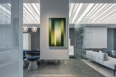Modernes Wohnzimmer mit grauer Wandfarbe und grauem Boden in Stuttgart