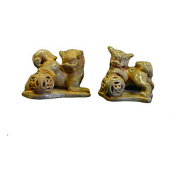 Pair Chinese Ceramic Brownish Green Foo Dog Figures - Decorative Accents