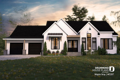 Medium sized and white farmhouse bungalow detached house in Other with wood cladding, a shingle roof, a black roof and board and batten cladding.