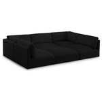 Meridian Furniture - Ease Polyester Upholstered U-Shaped Modular Sectional, Black, 5 Piece: 2 Corner, 3 Armless, 1 Ottoman - Ease into comfort when you bring home this Ease fabric modular sofa. Designed with an uber casual vibe in mind, this plump sofa sits low to the floor, making it a simplistically perfect addition to a living room, den, game room, teen's room, or dorm room. This fun sofa is part of a modular collection, so you can add it with other items in the Ease collection for a custom arrangement.