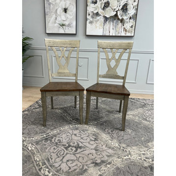 Pair of Casual Brown and Grey Solid Wood Dining Chairs