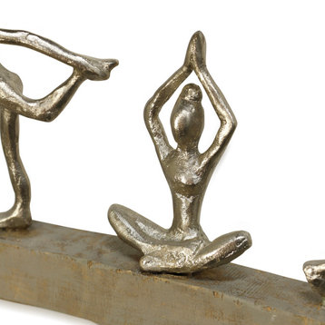 Natural Yogis Carved Wood Table Top Accessory With Pewter Painted Yoga Figurines