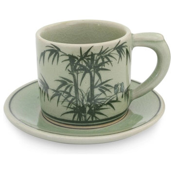 Novica Jade Bamboo Celadon Ceramic Demitasse Cup and Saucer
