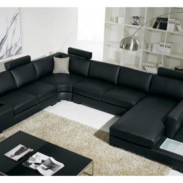 Black Bonded Leather Sectional Sofa with Light