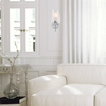 Evelina 1-Light Wall Sconce, Chrome, Clear Glass Outer Shade, Frosted Glass Inne