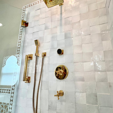 Lustrous Fixtures Showcase the Rustic Zellige Tile's Subtle Colors & Texture
