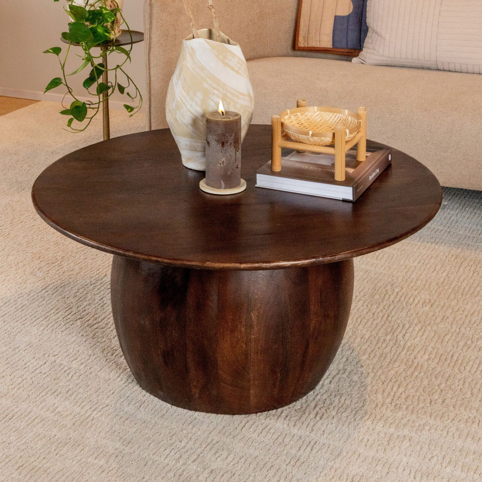 Modern Mango Wood Round Accent Table, Dark Walnut - Transitional ...