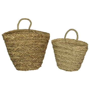 Set of 2 Woven Seagrass Basket Indoor Planters With Handle Decorative Plant Wic