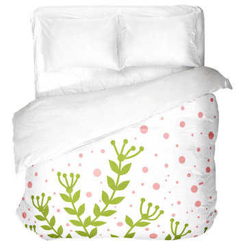 Green Leaves Pink Polka Dots Duvet Cover, Queen