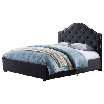 Alfred Button-Tufted Upholstered Queen Bed Frame with Nailhead Accents
