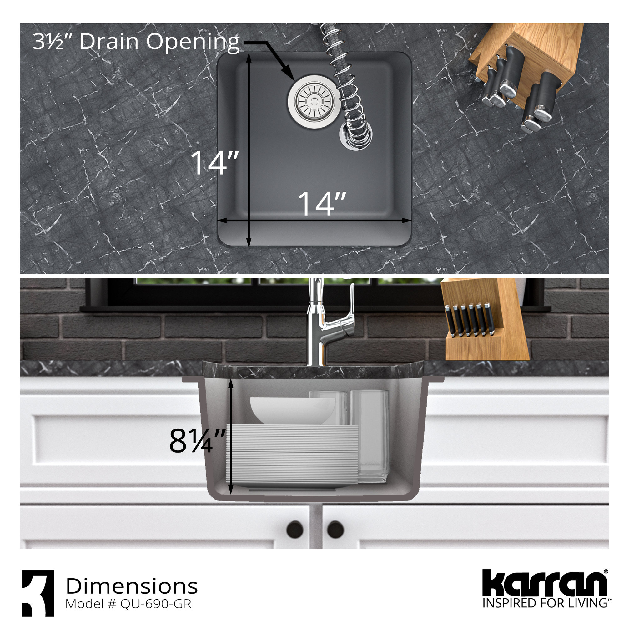 Karran Undermount Quartz Composite 17" Bar Single Bowl Sink, Grey
