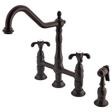French Country Kitchen Bridge Faucet, 2 Levers & Side Sprayer, Oil Rubbed Bronze