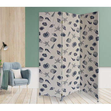 3 Panel Beige And Blue Soft Fabric Finish Room Divider