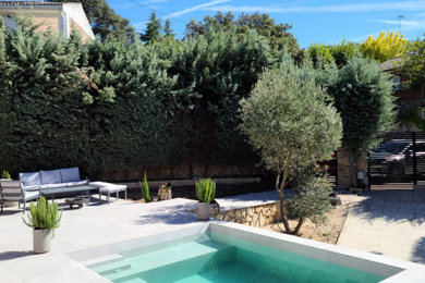 Modelo de piscina elevada mediterránea de tamaño medio a medida en patio delantero con paisajismo de piscina y suelo de baldosas