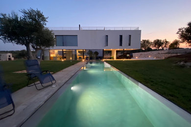 Diseño de piscina infinita contemporánea grande en patio delantero con paisajismo de piscina y adoquines de piedra natural