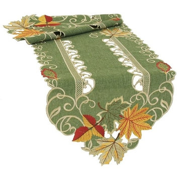 Delicate Leaves Embroidered Cutwork Fall Table Runner, Green, 15''x72''
