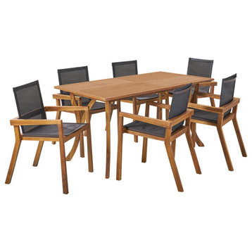 GDF Studio Kaur Outdoor Rectangular Acacia Wood Dining Set With Mesh Seats, Teak