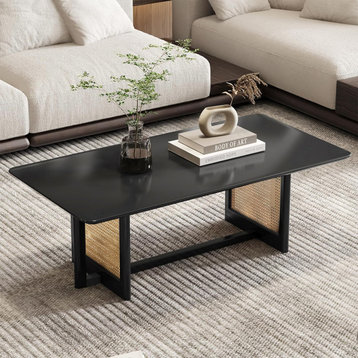 Unique Coffee Table, Trestle Base With Rattan Accents & Rectangular Top, Black