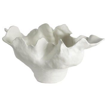 Luxe Artisan Ceramic Abstract Ivory Bowl 22", Organic Free Form Modern Metallic