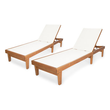 GDF Studio Shiny Outdoor Mesh and Wood Chaise Lounge, Set of 2, Teak/White