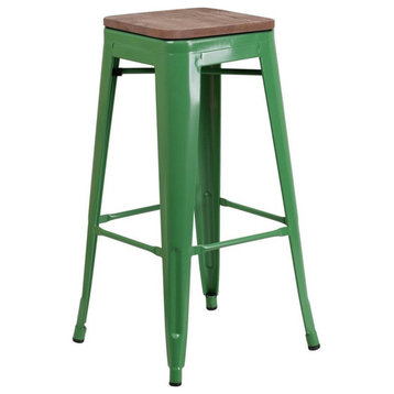 Flash Furniture 30" Backless Metal Bar Stool in Green and Wood Grain