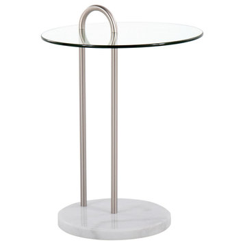 Claire Side Table, White Marble, Brushed Nickel, Clear Glass