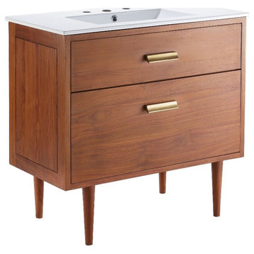 Modway Cassia 36" Modern Wood & Ceramic Bathroom Vanity in Natural/White