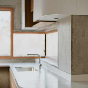 Design-Küche in organischen Formen aus Rüster-Furnier