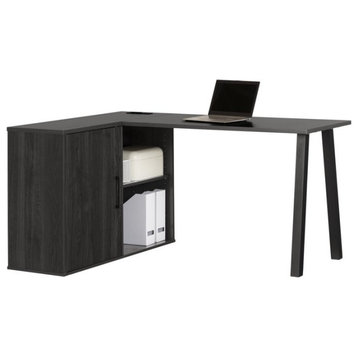 Contemporary L-Shaped Desk, Large Top With Built In Power Bar, Gray Oak