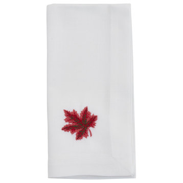 EmbroideredTable Napkins With Autumn Leaf Design (Set of 4), White, 20"x20"