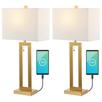 Sabrina 28.5" Iron LED Table Lamp With USB Charging Port, Brass Gold, Set of 2