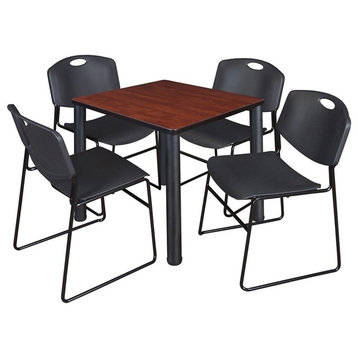 Kee 30" Square Breakroom Table, Cherry/ Black and 4 Zeng Stack Chairs, Black