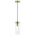 Livex Lighting - Devoe 1 Light Antique Brass Mini Pendant - Blending modern aesthetic with industrial-chic design, this hanging mini pendant has a sleek clear cylinder shaped glass which is suspended by antique brass hardware.