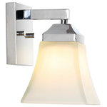 JONATHAN Y - Staunton 1-Light Iron/Glass Modern Cottage LED Vanity Light, Chrome, 1-Light - The square design of this wall sconce gives it a pared-down traditional look. A sparkling chrome finish and frosted shade add low-key style over a kitchen sink or bathroom mirror. Use several as wall sconces down a hallway.