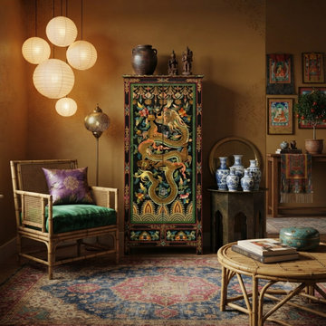 Oriental Tibetan Style Golden Dragon Graphic Tall Slim Storage Cabinet ws5063