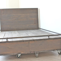 Catriona Reclaimed Scaffolding Board Kingsize Bed on Castors with Storage Drawer - Beds