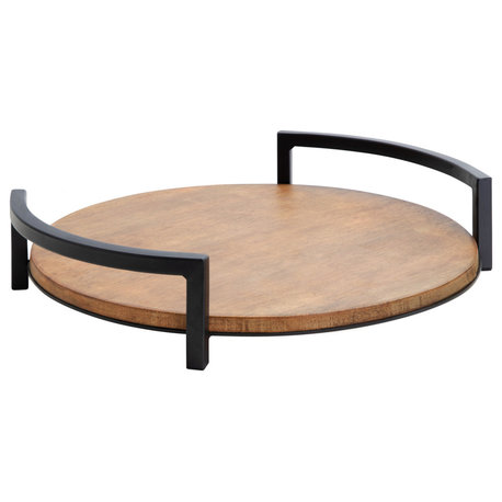 Ficher Wood and Metal Round Decorative Tray, Rustic Brown/Black 15 Diameter
