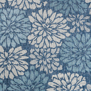Zinnia Modern Floral Textured Weave Indoor/Outdoor, Navy and Aqua, 6' Square