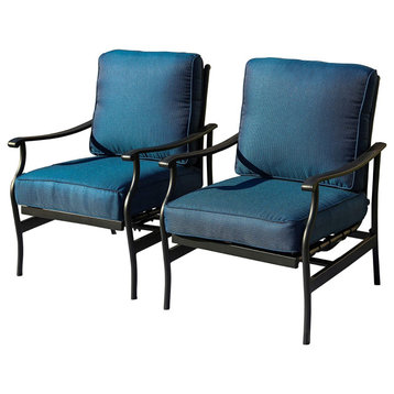 Set of 2 Patio Dining Chair, Cushioned Seat and Back With Curved Armrests, Blue