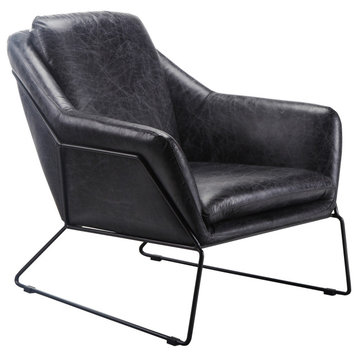 Modern Club Chair Black Top Grain Leather Armchair for Living Room