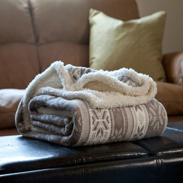 Fleece Sherpa Blanket Throw by Lavish Home, Gray Snowflakes