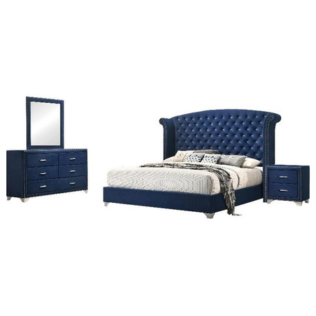 Coaster 4-Piece Contemporary Velvet Queen Bedroom Set in Blue