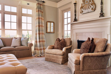 Traditional bedroom in Portland with grey walls, carpet and a standard fireplace.