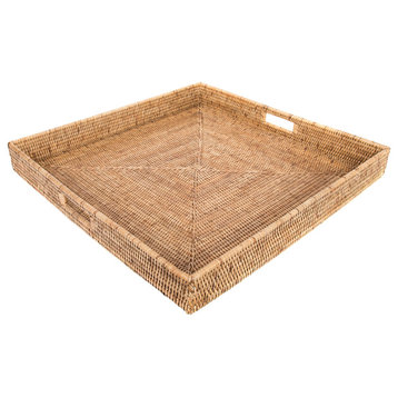 Artifacts Rattan™ Square Ottoman Tray with Cutout Handles, Honey Brown, 24"x24"