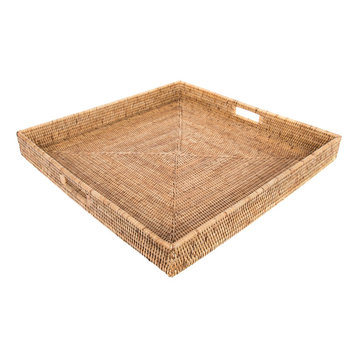 Artifacts Rattan™ Square Ottoman Tray with Cutout Handles, Honey Brown, 24"x24"
