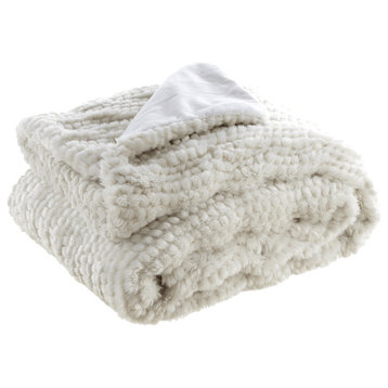 Ivory Knitted Acrylic Solid Color Plush Throw Blanket